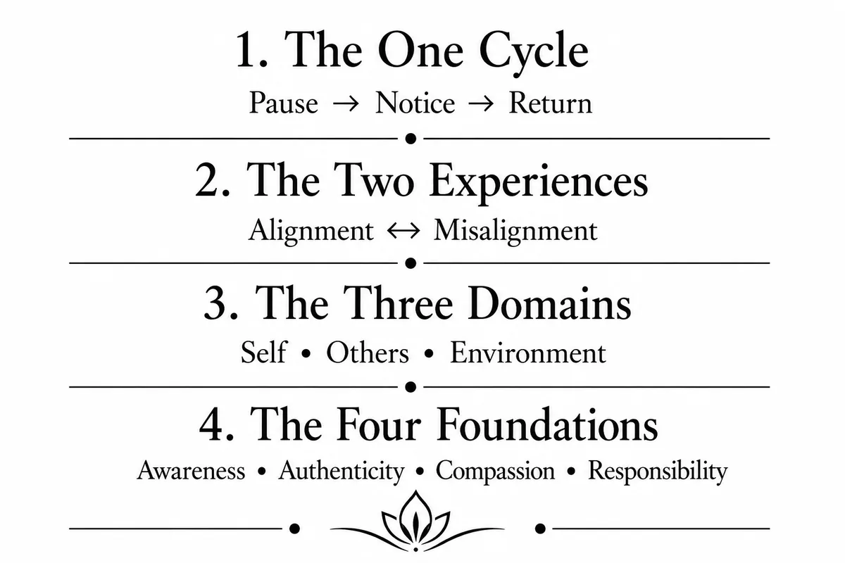 The Satyoraism framework: One Cycle, Two Experiences, Three Domains and Four Foundations