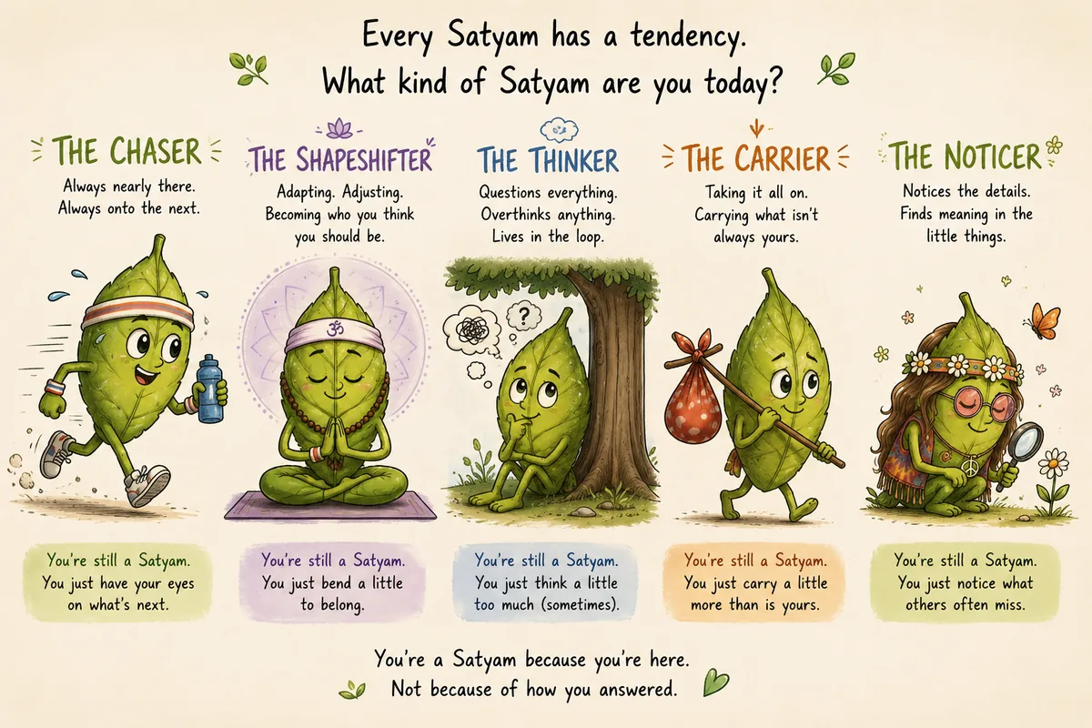 Five Leafy Satyam characters